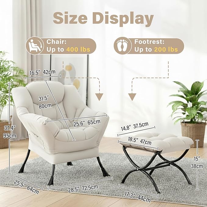 Cozy Lazy Chair and Ottoman Large Contemporary Peach Beige Accent Chair Set Leisure Upholstered Reading Armchair for Bedroom Living Room Dorm Rooms Office Balcony