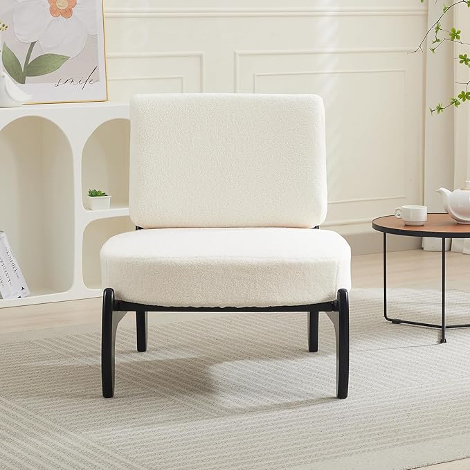 Qulomvs Modern Accent Chair Mid Century Accent Chair with Wooden Frame Upholstered Comfy Reading Chair Armless Side Sofa Chair for Living Room Bedroom (White Teddy Fabric)
