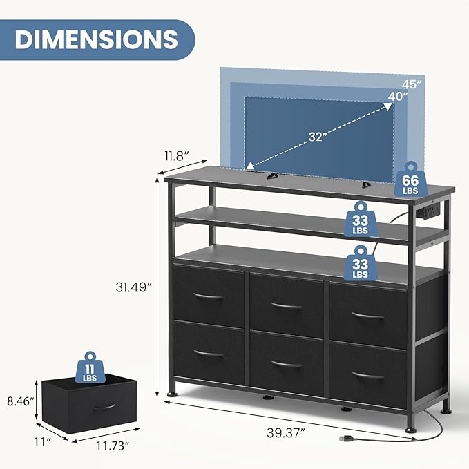 DUMOS TV Stand for Up to 45 inch TV Wood Top TV Media Console Table with 6 Fabric Drawers 2 Shelves Entertainment Center with LED Lights &amp Charging Station for Living Room Hallway Black