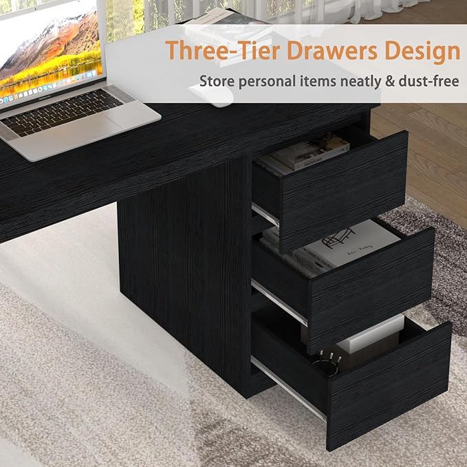 Desk with Drawers Black Computer Desk Table with 3 Drawer Large Space Writing Desk with Drawers for Home Office Modern Simple Design 53.3 Inch