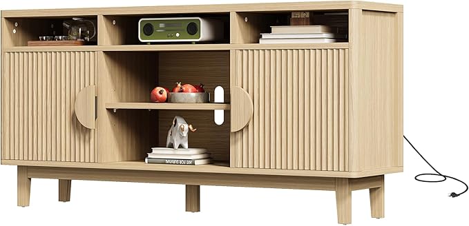 IRONCK TV Stand for 65 Inch TV 59 Inch Entertainment Center with Storage and Charging Station Modern Media Console with 3 Adjustable Shelf Fluted Doors Design Natural Oak
