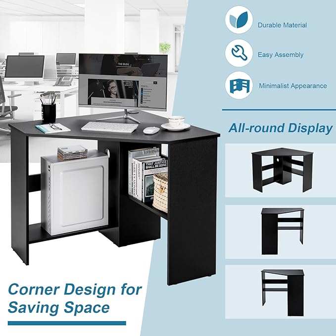 LDAILY Corner Desk Space Saving 90 Degree Triangle Computer Desk with Storage Shelves &amp Cable Holes Wood Compact Corner Writing Table for Small Spaces Home Office Bedroom &amp Living Room Bl