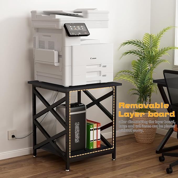 Large Printer Stand with Power Outlet with Height Adjustable Storage Shelf 3 Tier Rolling Printer Cart with Industrial Wheels 23.6 x 23.6 Inches Printer Table for Home OfficeBlack