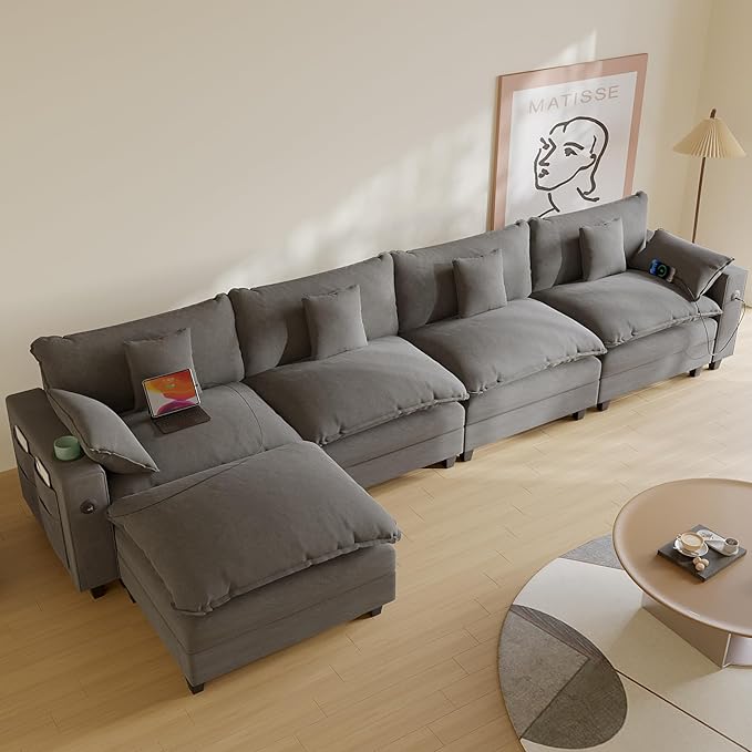 152 L Shaped Sectional Couch Chenille Sectional Couches for Living Room Modular Cloud Couch with Movable Ottoman Modern Cloud Sofa with Charging Station Cup Holder Side Pocket Grey