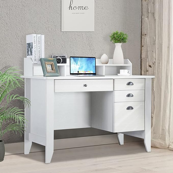 Catrimown Computer Desk with Drawers and Hutch White Desk with Drawer Wood Executive Desk Teens Student Desk Writing Laptop Home Office Desk for Small Spaces Cream 47.5''D x 22''W x 36.5''H