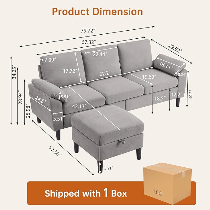 Convertible Sectional Sofa 79 Modern L Shaped Couch Linen Upholstered 3 Seat Sofa with Reversible Chaise Couches for Living Room Apartment Light Grey