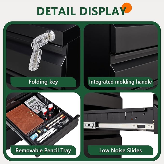 Fully Assembled 3 Drawer File Cabinet for Under Desk File Cabinet with 5 Casters &amp Smooth Gliding for Home Office Legal Letter and A4 Files One Lock (Black)