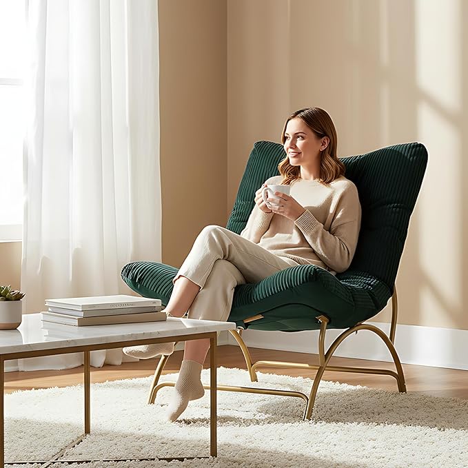 Welnow Accent Lounge Lazy Chair Comfy Soft Leisure Metal Frame Reading Chair Upholstered Thick Cushion Seated Recliner Sofa for Living Room Bedroom Dorm Dark Green