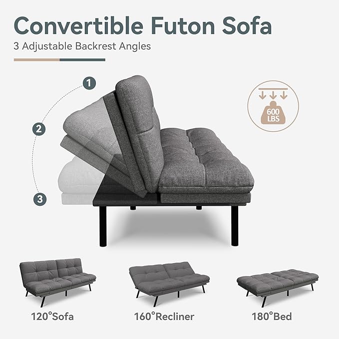 Vyfipt Convertible Futon Sofa Bed Grey Linen Futon Couch with Adjustable Backrest &amp Armrests Folding Small Recliner Sleeper Sofa Bed for Living Room Apartment Office