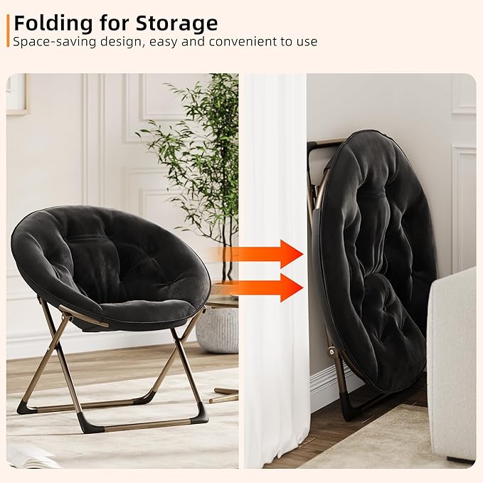 Garvee Saucer Chair Comfy Chair Faux Fur Lounge Moon Chair with Folding Metal Frame Oversized Plush Foldable Flower Accent Seat for Adults Teens Bedroom Dorm or Living Room(1PCS Black)