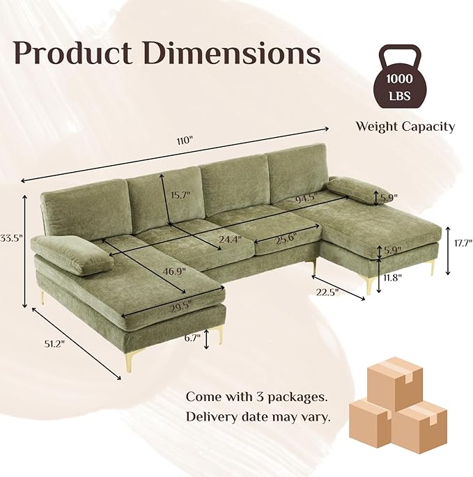 Karl home 110 Sectional Sofa U-Shaped 4-Seat Couch with Chaises Chenille Fabric Upholstered for Living Room Apartment Office Green
