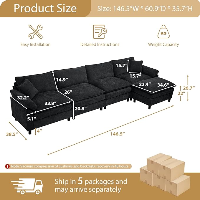 Chenille Modular Sectional Sofa 146.5'' Comfy Cloud Sofa Couch with Remove Ottoman Large L-Shaped Sofa for Living Room Extra Deep Seat Sofa with Pillows DIY Black