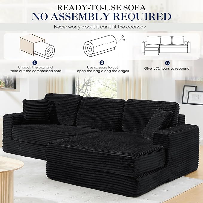 112.6” Modular Sectional Sofa Oversized Cloud L Shaped Couch Comfy Upholstered Corduroy Compressed Sofa with Right Facing Chaise and Wide Arms Fluffy Boneless Sofa Bed for Living Room Office Black