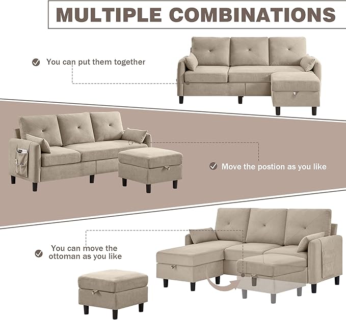 Convertible Sectional Sofa 77 Small L Shaped 3 Seat Couch with Reversible Storage Chaise Modern Polyester Fabric Sofa Couches for Living Room Apartment and Small Space Beige