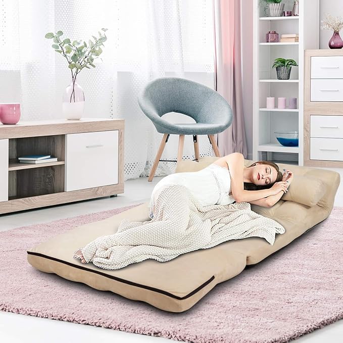 S AFSTAR Safstar Floor Folding Couch and Futon Sofa 6-Position Fabric Sleeper Sofa Bed with 2 Pillows and Sponge Filling Adjustable Lazy Sofa for Living Room and Bedroom(Beige)