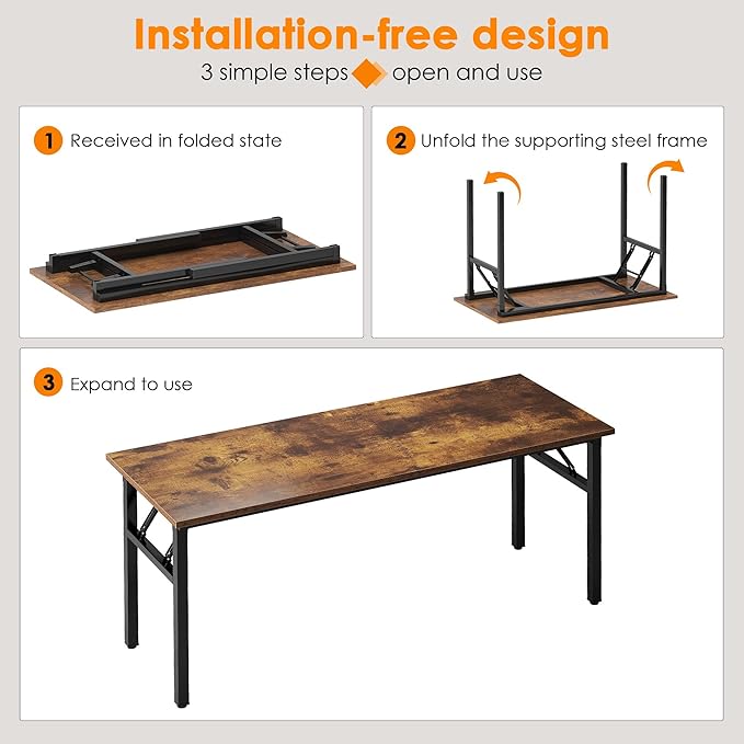 Need Folding Computer Desk Large 60 inches Folding Table for Home Office No Install Needed Foldable Writing Table Desk Rustic Brown