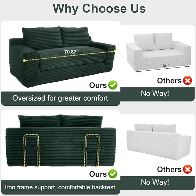 GNIXUU Corduroy Cloud Loveseat Sofa 2 in 1 Convertible Sleeper Sofa with Fixed-Shape Frame Comfy Folding Boneless Love Seat Couches for Living Room Apartment Small Spaces Green