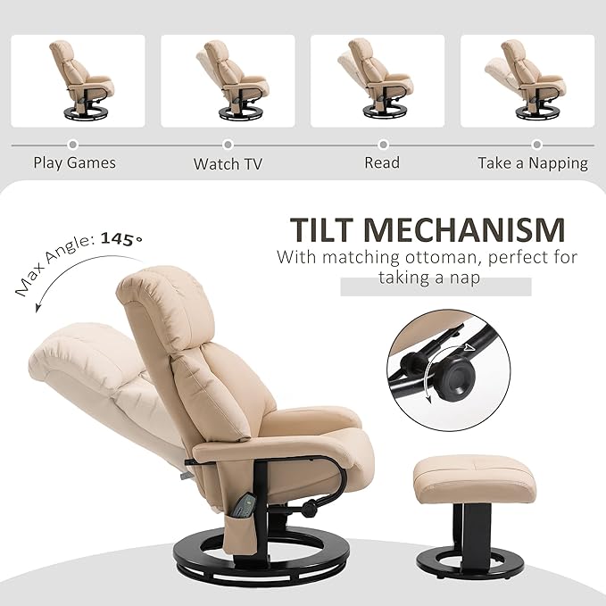 HOMCOM Massage Recliner Chair with Ottoman 360° Swivel Recliner and Footstool 10 Point Vibration PU Leather Reclining Chair with Side Pocket and Remote Control Beige