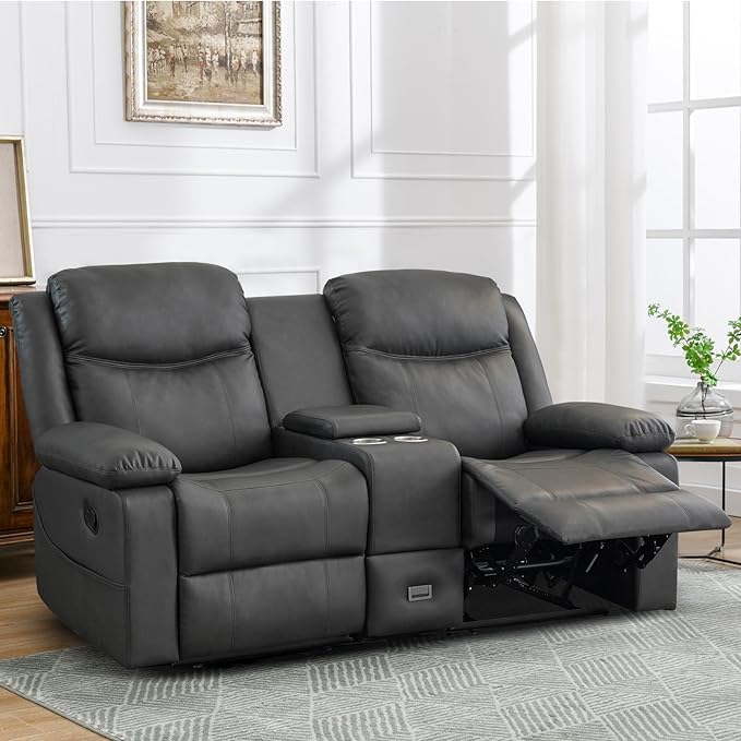 Loveseat Recliner Reclining Sofa with Console Double Reclining Couch 2 Seater Manual Massage Couch for Living Room Office Home Theater(PU-Grey)