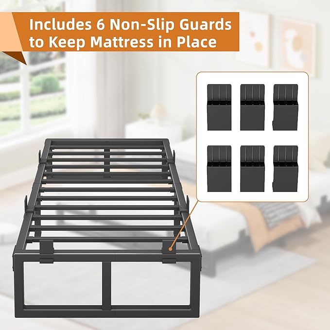 Twin XL Bed Frame 14 Inch Metal Platform Bed Frames with Squeak Free U-Slot Design 6 Non-Slip Guards 3500lbs Heavy Duty Steel Slat Support No Box Spring Needed Under Bed Storage Black