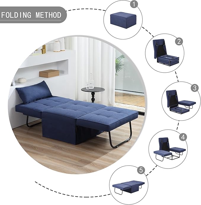 BIGSYY Sofa Bed Set of 4 in 1 Multi-Function Folding Ottoman Breathable Linen Couch Bed with Adjustable Backrest Modern Convertible Chair for Living Room Apartment Office Blue
