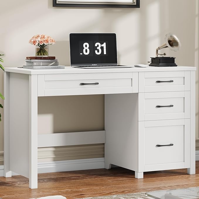 Vabches Farmhouse 47 Executive Desk Computer Desk with File Drawer and Charging Station Workstation for Home Office StudyCream White.