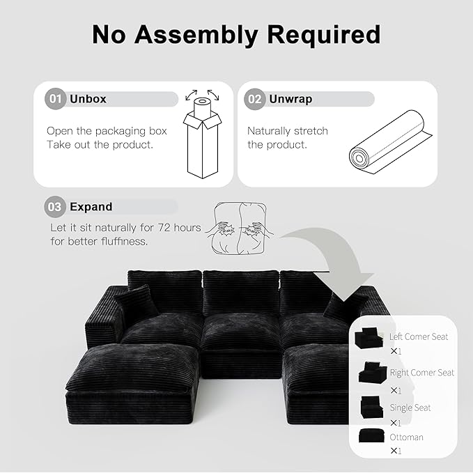 108'' Modular Sectional Sofa with Ottoman Corduroy Cloud Sectional Couches for Living Room High-Back Modern L Shaped Boneless Couch Deep Seat 3 Seater Sofa No Assembly Required Black