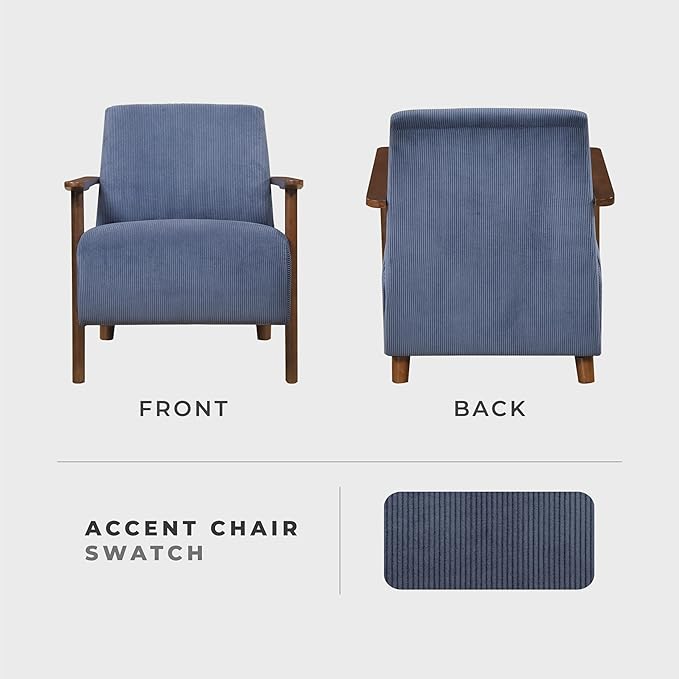 Lexicon Modern Accent Chair with Solid Wood Frame in Brown Finish Corduroy Fabric Upholstered Living Room Lounge Arm Chair Thick and Comfy Innerspring Seat Cushion Blue