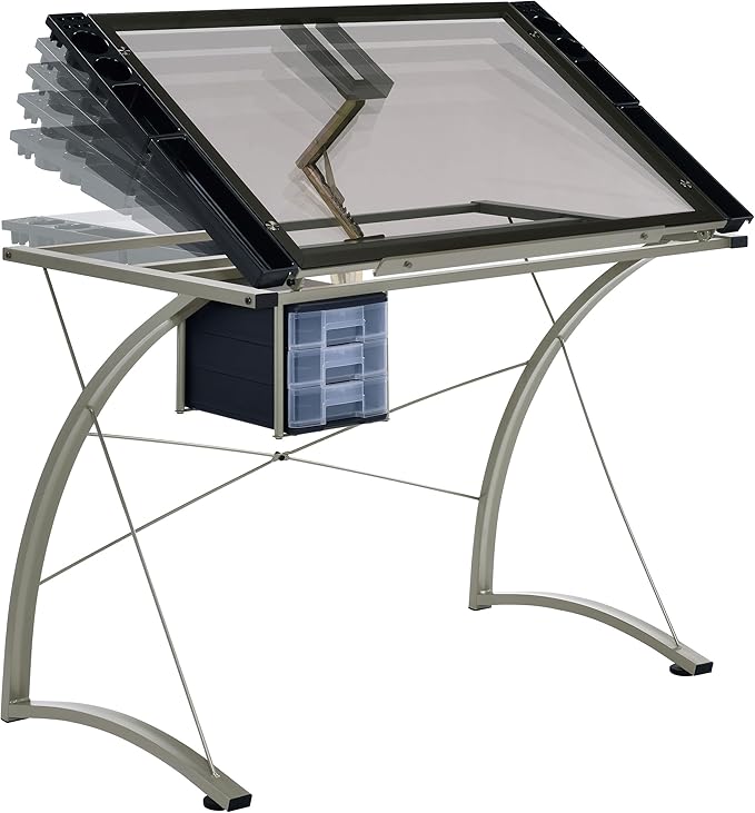 Coaster Home Furnishings - Melo - Metal and Glass - 41-Inch Drafting Table with Adjustable Pitch Three Drawers Retractable Pencil Ledge and Storage Compartments - Home Office - Silver - 800986