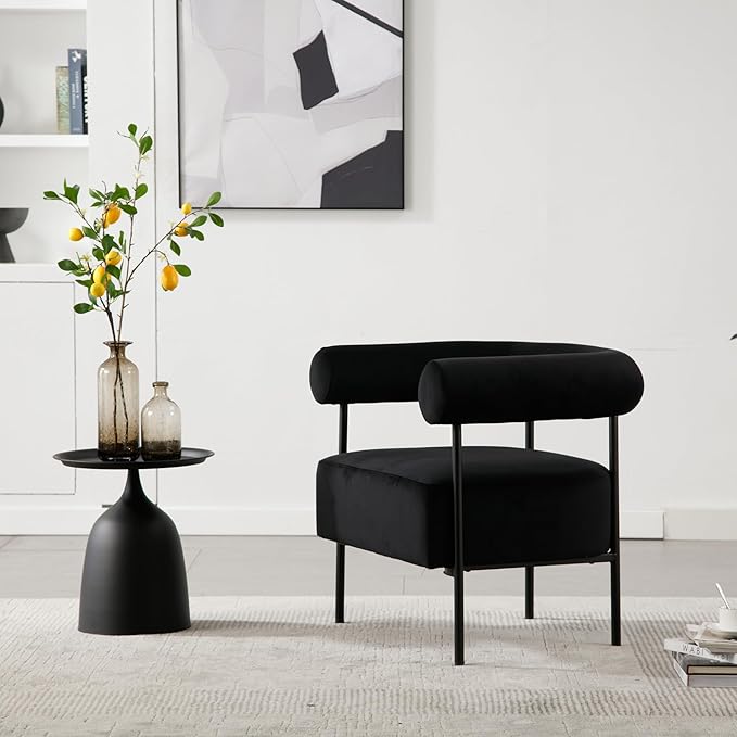 Wahson Black Accent Chair with Metal Legs Velvet Upholstered Barrel Chair with Curved Backrest Small Modern Reading Chair for Living Room/Bedroom/Office