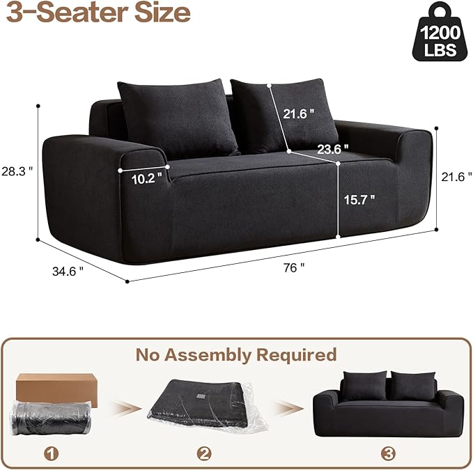Boneless Couch 3 Seater Foam Sofa 76 Comfy Deep Seat Sofa with 2 Pillows Modern Velvet Cloud Couch for Living Room Apartment Wide Armrests (Black)