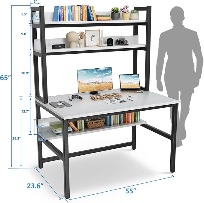 Aquzee Computer Desk Easy Assembly Gaming Table with Hutch and Shelves 4 Tiers Desk with Large Wood Desktop Metal Legs Ideal for Storage Study Work Writing Homework White 55Wx65Hx23.6D Inches