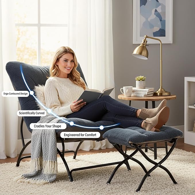 Tiita Accent Lazy Chair with Ottoman Comfy Lounge Chair with Metal Frame and Plush Fabric Thick Cushion Seated Cozy Recliner Chair for Reading Room Living Room Bedroom Office Dark Gray