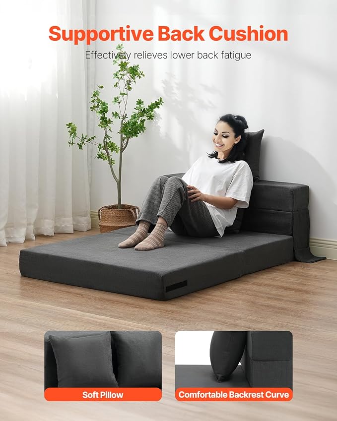 VEVOR Folding Sofa Bed 3-in-1 Foldable Couch Bed with 2 Pillows and Washable Cover 25D High Density Memory Foam Convertible Sleeper Chair Bed Futon Couch for Living Room Bedroom Dark Grey(Twin)