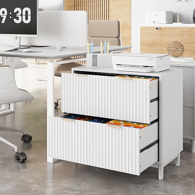 VINGLI 2 Drawer File Cabinet Home Office Filing Organizer for Letter Legal A4 Size File Folder Storage Modern Style Fluted Design Wood Lateral Filing Cabinet Printer Stand Archivador White