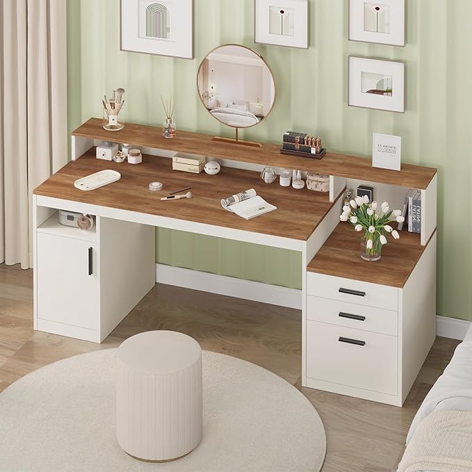 65 Inch Computer Desk with 3 Drawers &amp Storage Shelves Executive Desk with File Drawer &amp Cabinet Home Office Desk with Long Monitor Stand &amp Printer Shelf Antique White