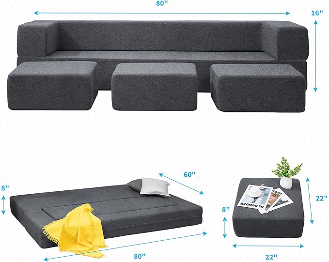 Mjkone Queen Convertible Velvet Futon Sofa Bed with 3 Ottomans Memory Foam Fold Out Couch Bed Foldable Floor Sofa Guest Sleeper for Living RoomDark Grey