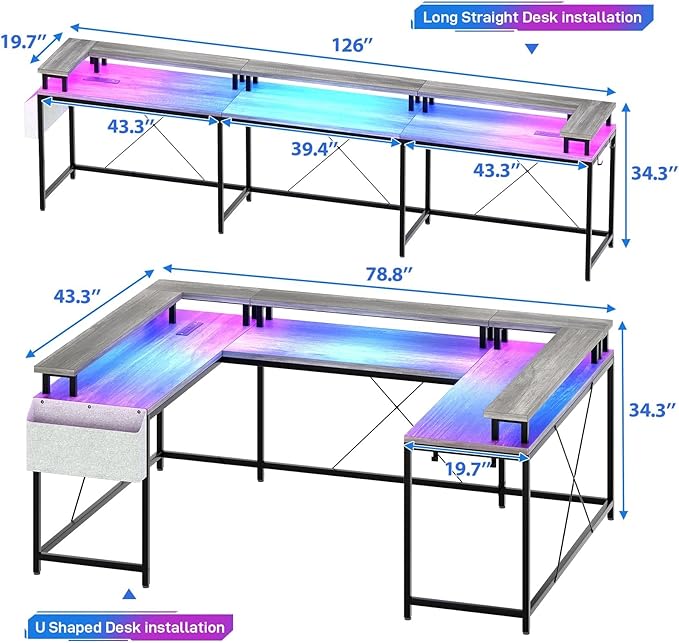 U Shaped Desk 79 Reversible L Shaped Desk and Long Gaming Desk with Storage Shelf &amp Power Outlets &amp LED Lights Corner Computer Desk with Monitor Stand and Side Storage Bag for Home Office