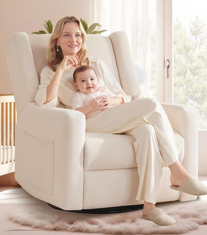 Tbfit 360° Swivel Recliner Chair Nursery Rocking Chair with Lumbar Support &amp Footrest for Bedroom Comfy Upholstered Armchair with Pillows &amp Storage Bag for Living Room (Beige Hidden Ring Ha