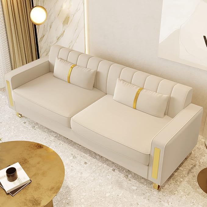 85.63 Modern Velvet Sofa with Gold Metal Legs Large Upholstered Mid Century Modern Comfy 3 Seater Couches for Living Room Bedroom Office (Beige)