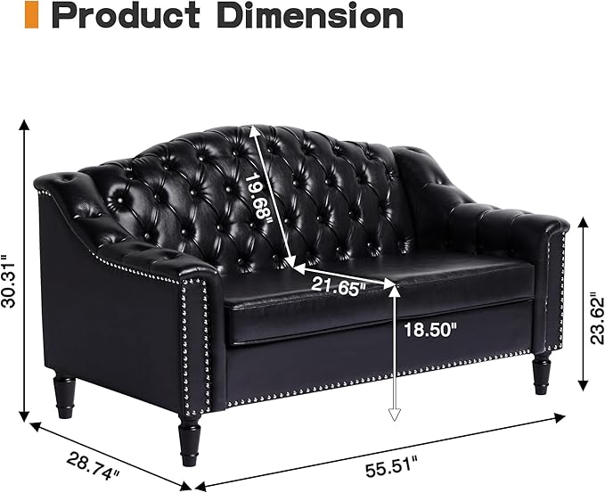 AVZEAR Chesterfield Loveseat Sofa Mid-Century Modern Upholstered PU Sofa 2 Seater Couch with Nailhead Trim and Button Tufted for Living Room Office Bedroom Black