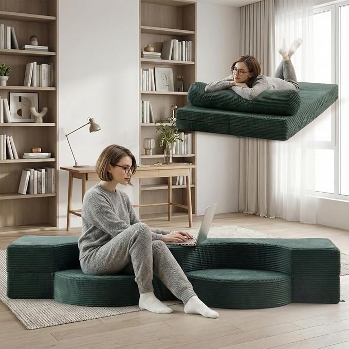75 Folding Sofa Bed Convertible Futon Twin Size Sleeper Couch Washable Velvet Corduroy Cover &amp High-Density Foam 2-in-1 Floor Mattress No Assembly for Living Room/Dorm Green