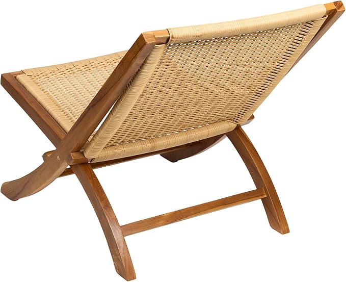 TeakCraft Teak Rattan Lounge Chair – Foldable Handcrafted Solid Wood Accent Chair with Woven Seat – Mid-Century Modern Recliner for Indoor &amp Outdoor Use The Ediz