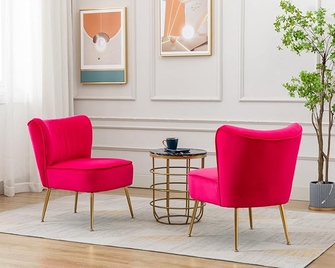 CIMOTA Velvet Accent Chairs Set of 2 Modern Armless Slipper Wingback Single Sofa Side Chair Comfy Corner Chair with Golden Legs for Living Room Bedroom Rose Red