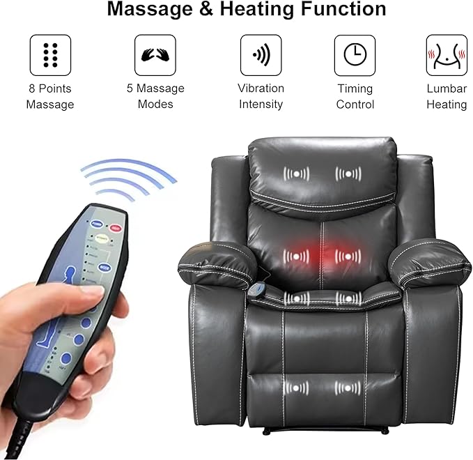 Massage Chair Recliner Zero Gravity Power Recliner Chair with Heat and Vibration Massage Electric Heated Theater Recliner with Remote Control for Living Room Bedroom Nursery (Grey)