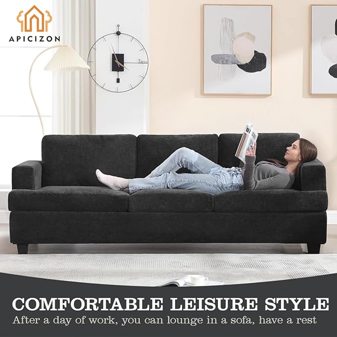 Apicizon 89 Black Couch for Living Room Comfy Couch Clound Sofa 3 Seater Sofa Modern Couches with Removerable Cover for Bedroom Chenille