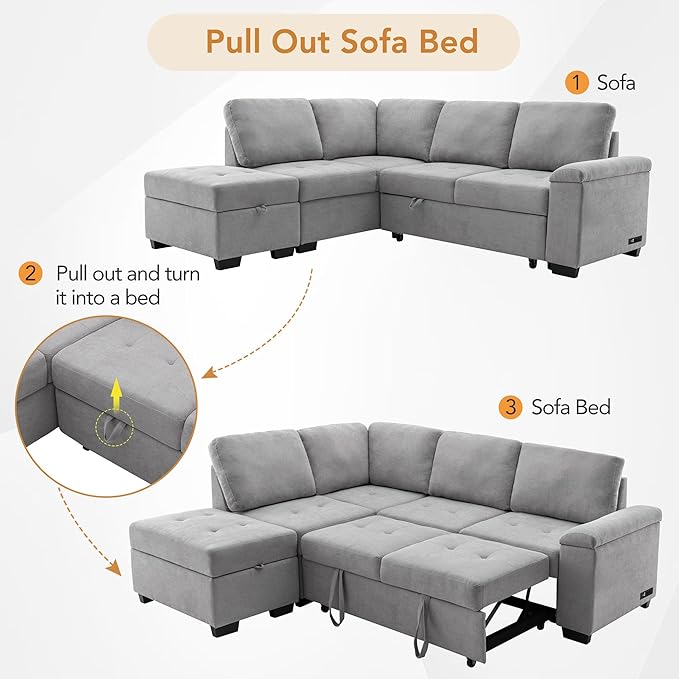 Flieks L-Shape Sleeper Sectional Sofa Bed with Storage Ottoman &amp Hidden Arm Storage 85Inch Sectional Corner Couch Sofa-Bed for Living Room Apartment