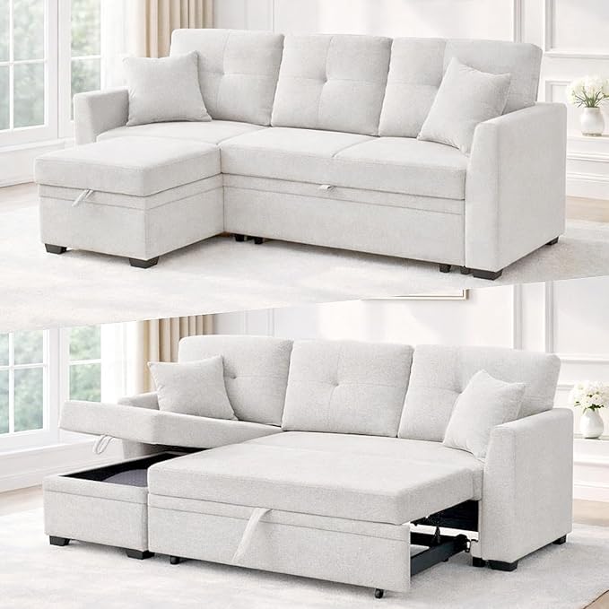 Convertible Sleeper Sofa Bed with Pull Out Couch L Shaped Couch with Chaise Storage Small Sectional Couches for Living Room Apartment | Linen Fabric | 76.5 | Beige