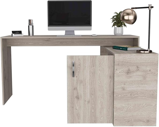 Penau L-Shaped Computer Desk with Open &amp Closed Storage Light Gray Finish Spacious 59 Inch Surface Perfect for Home Office Sturdy Particle Board Construction