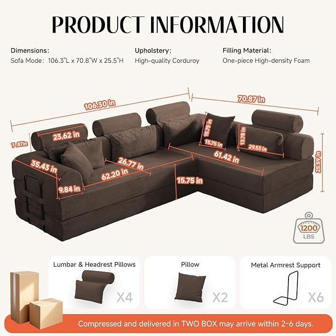 106 L-Shaped Modular Boneless Couch 2-Piece System (2×70.87) Convertible Sectional to 141.7 Straight Sofa Corduroy Couch in a Box Headrest &amp Back Pillows for Living RoomBrown
